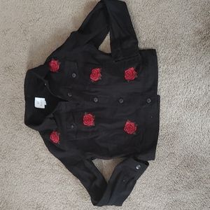 Women's LuLaRoe Kenny Black Denim Jacket with Red Roses Size Medium